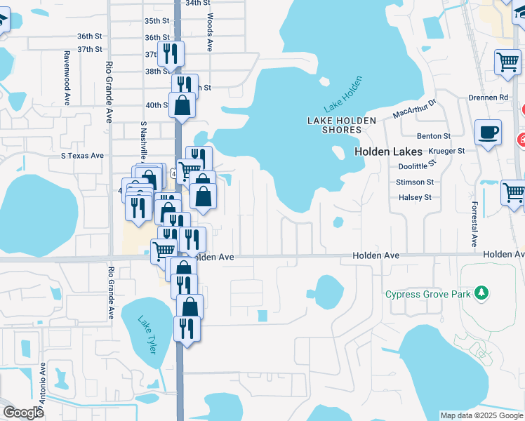 map of restaurants, bars, coffee shops, grocery stores, and more near 4594 South Shore Road in Orlando