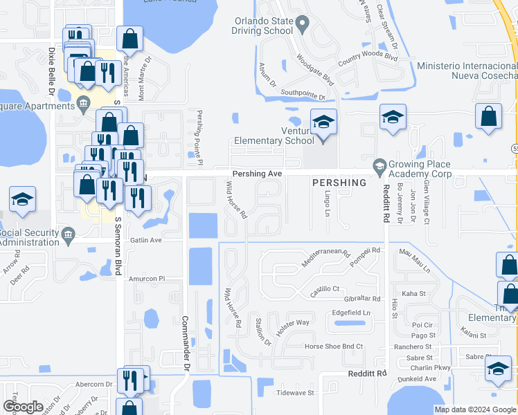 map of restaurants, bars, coffee shops, grocery stores, and more near 2769 Ranch House Road in Orlando