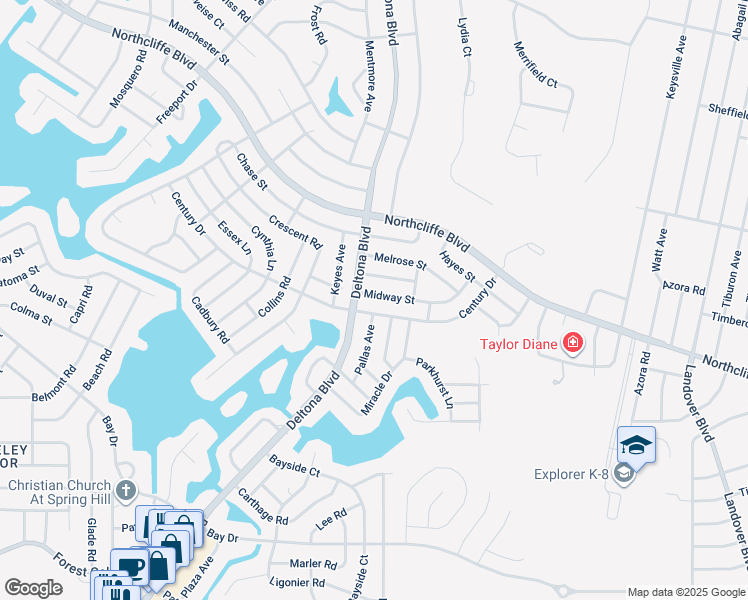 map of restaurants, bars, coffee shops, grocery stores, and more near 9376 Midway Street in Spring Hill