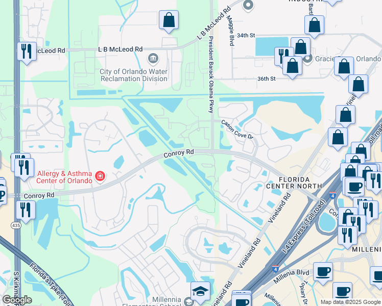 map of restaurants, bars, coffee shops, grocery stores, and more near 4550 Southgate Drive in Orlando