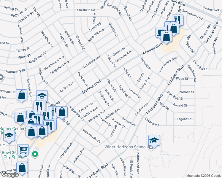 map of restaurants, bars, coffee shops, grocery stores, and more near 4607 Elwood Road in Spring Hill