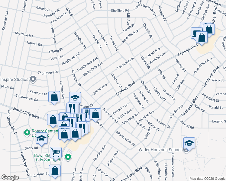 map of restaurants, bars, coffee shops, grocery stores, and more near 11342 Montcalm Road in Spring Hill