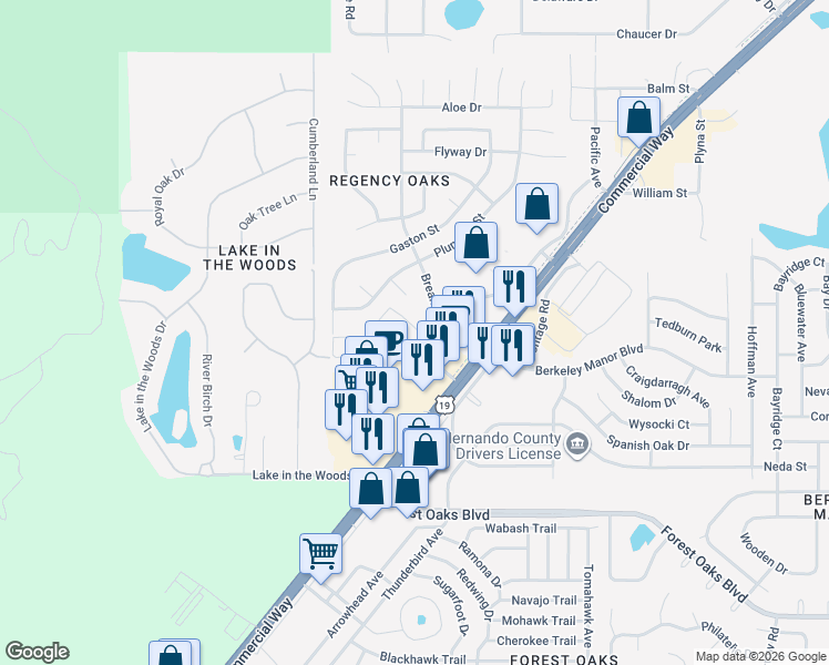 map of restaurants, bars, coffee shops, grocery stores, and more near 4762 Bridgewater Club Loop in Spring Hill