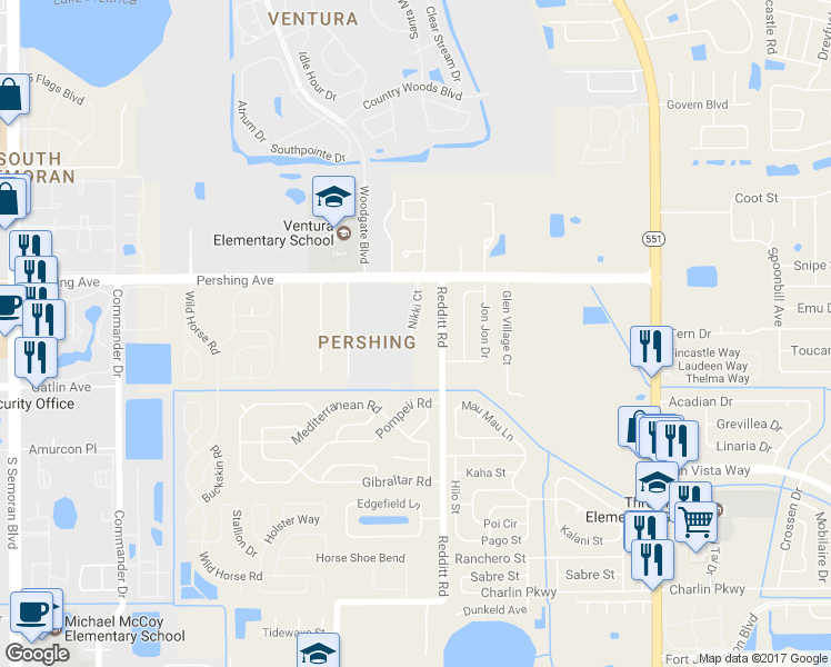 map of restaurants, bars, coffee shops, grocery stores, and more near 2830 Redditt Road in Orlando