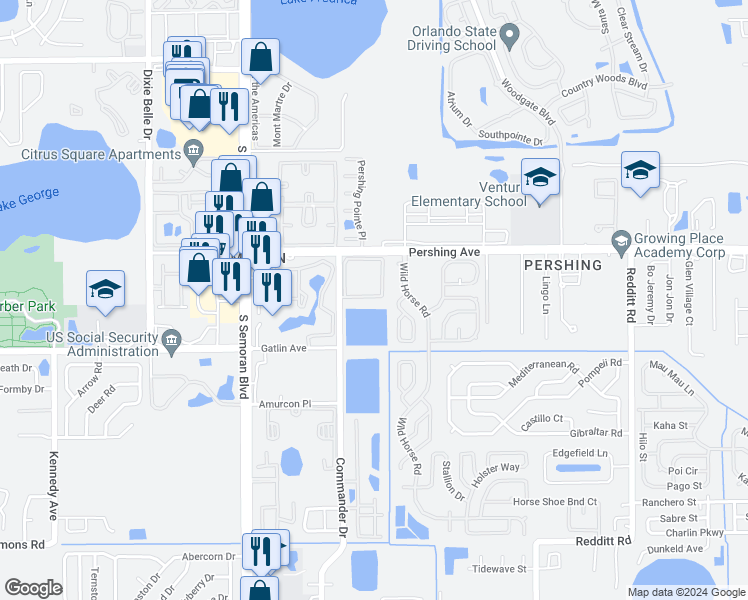 map of restaurants, bars, coffee shops, grocery stores, and more near 5927 Lake Pointe Village Circle in Orlando