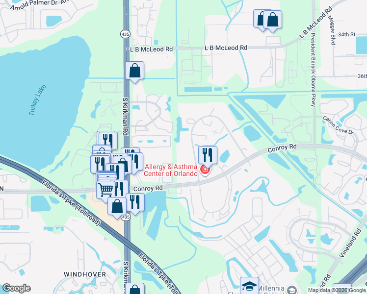 map of restaurants, bars, coffee shops, grocery stores, and more near 4576 Middlebrook Road in Orlando