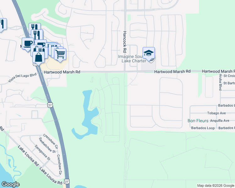 map of restaurants, bars, coffee shops, grocery stores, and more near 2696 Kingston Ridge Drive in Clermont