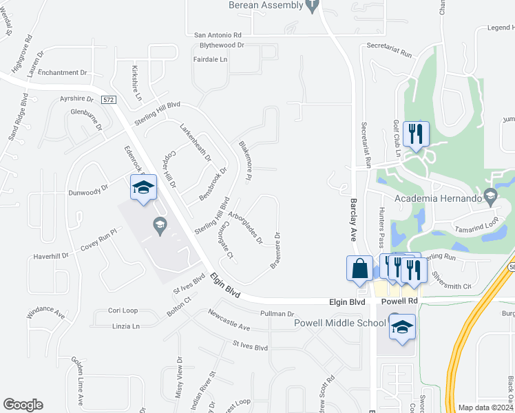 map of restaurants, bars, coffee shops, grocery stores, and more near 4275 Braemere Drive in Spring Hill