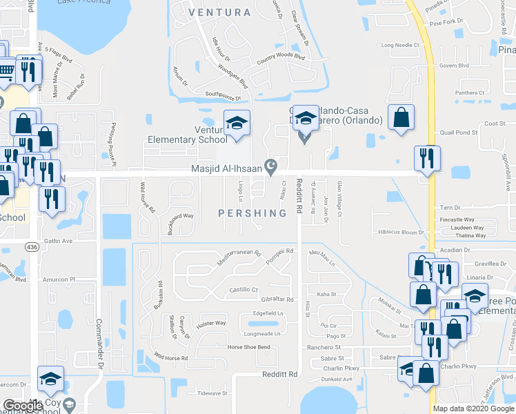 map of restaurants, bars, coffee shops, grocery stores, and more near 6532 Pershing Avenue in Orlando