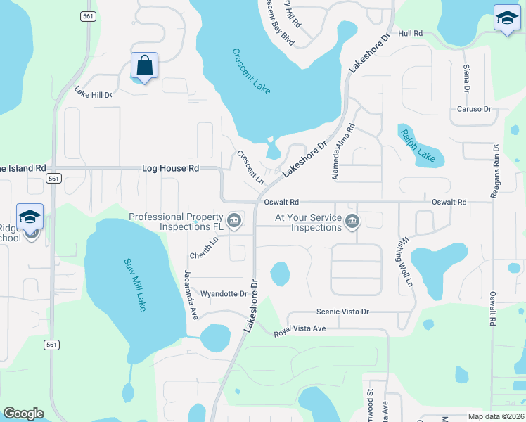 map of restaurants, bars, coffee shops, grocery stores, and more near 10310 Lakeshore Drive in Clermont