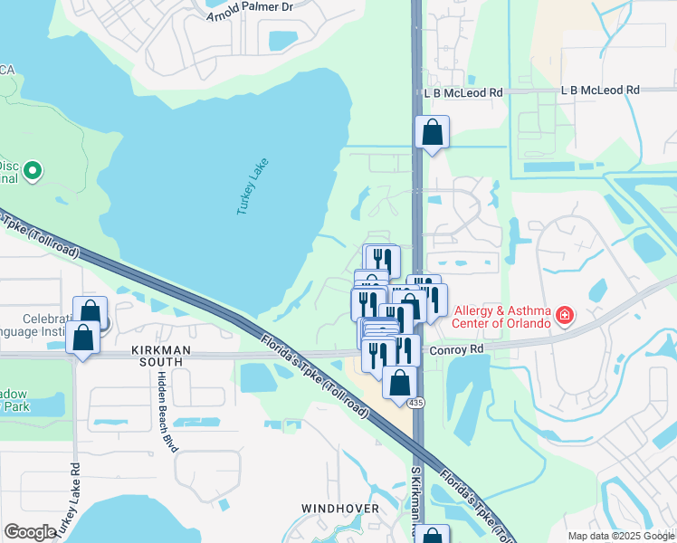 map of restaurants, bars, coffee shops, grocery stores, and more near 4356 South Kirkman Road in Orlando