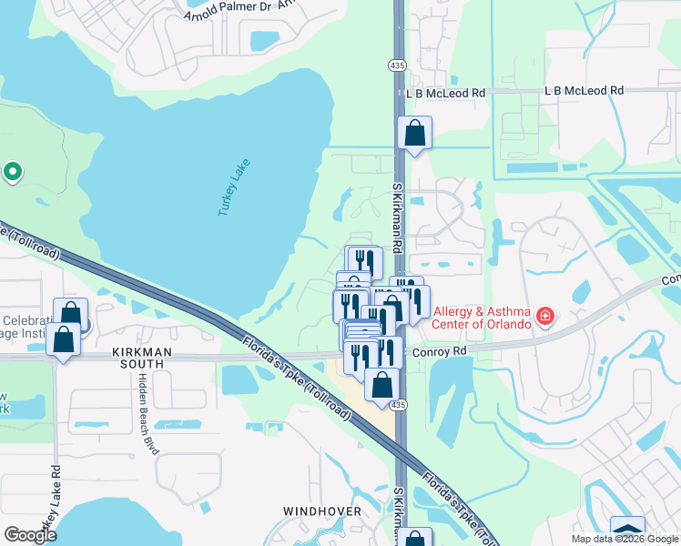 map of restaurants, bars, coffee shops, grocery stores, and more near 4356 South Kirkman Road in Orlando