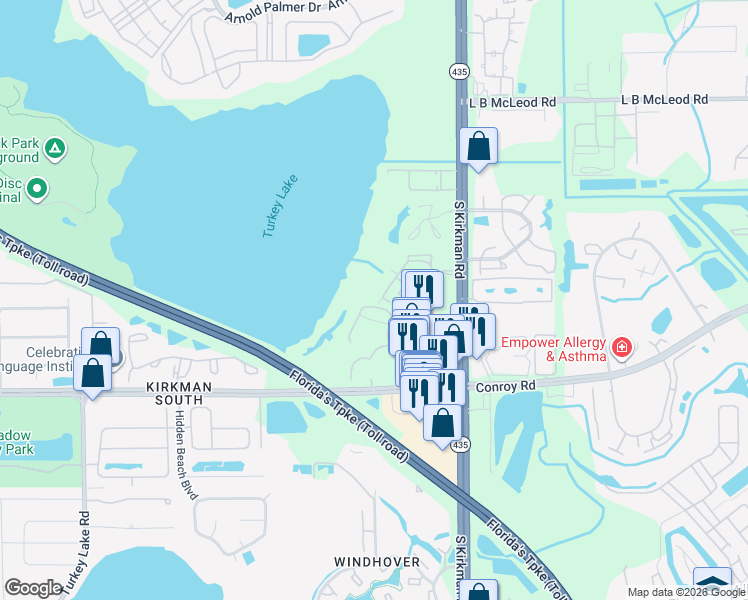 map of restaurants, bars, coffee shops, grocery stores, and more near 4356 South Kirkman Road in Orlando