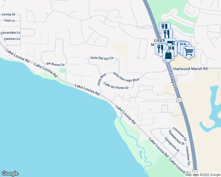 map of restaurants, bars, coffee shops, grocery stores, and more near 10322 Calle De Flores Drive in Clermont