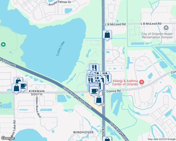 map of restaurants, bars, coffee shops, grocery stores, and more near 4356 South Kirkman Road in Orlando