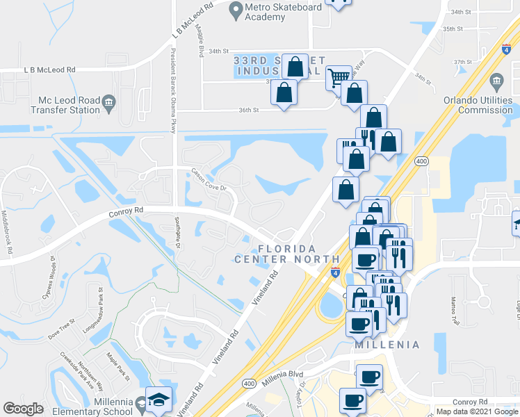 map of restaurants, bars, coffee shops, grocery stores, and more near 4605 Cason Cove Drive in Orlando