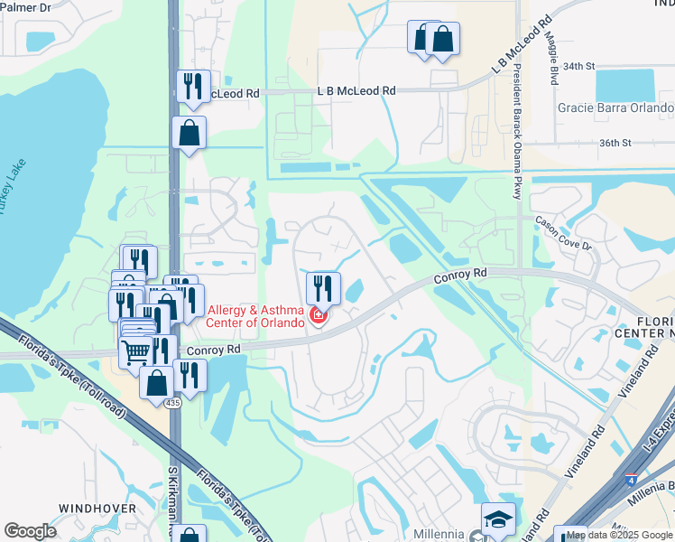 map of restaurants, bars, coffee shops, grocery stores, and more near 5333 Bamboo Court in Orlando