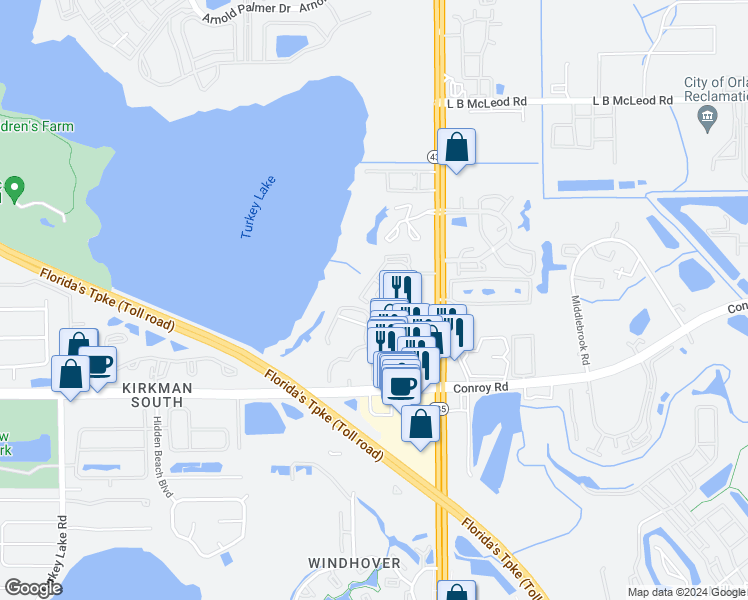map of restaurants, bars, coffee shops, grocery stores, and more near 4356 South Kirkman Road in Orlando