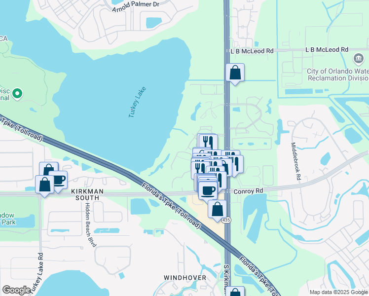 map of restaurants, bars, coffee shops, grocery stores, and more near 4356 South Kirkman Road in Orlando