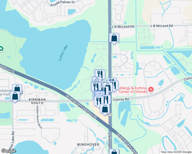 map of restaurants, bars, coffee shops, grocery stores, and more near 4356 South Kirkman Road in Orlando
