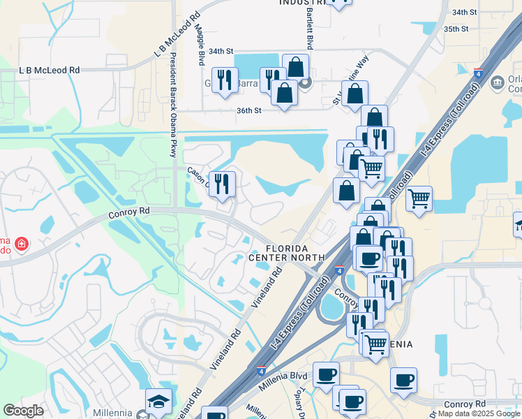 map of restaurants, bars, coffee shops, grocery stores, and more near 4605 Cason Cove Drive in Orlando