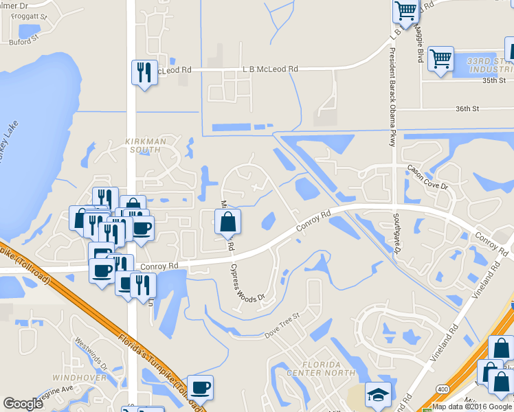 map of restaurants, bars, coffee shops, grocery stores, and more near 5333 Bamboo Court in Orlando