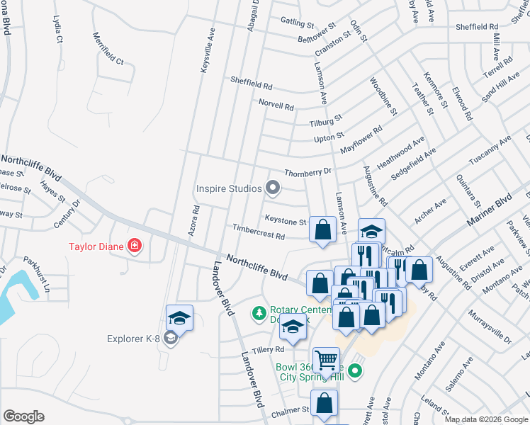 map of restaurants, bars, coffee shops, grocery stores, and more near 10395 Keystone Street in Spring Hill