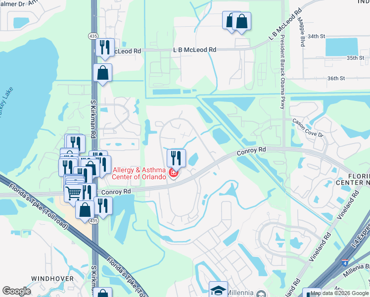map of restaurants, bars, coffee shops, grocery stores, and more near 5301 Bamboo Court in Orlando