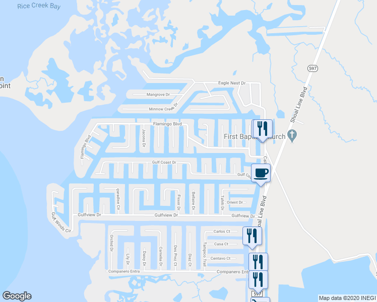 map of restaurants, bars, coffee shops, grocery stores, and more near 4442 San Juan Drive in Hernando Beach