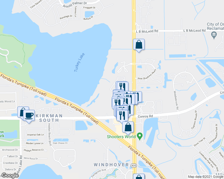 map of restaurants, bars, coffee shops, grocery stores, and more near 4356 South Kirkman Road in Orlando