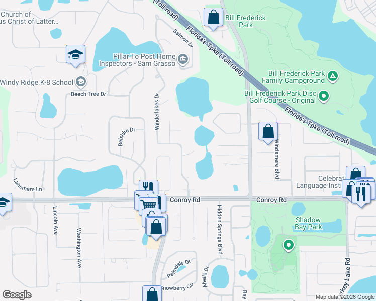 map of restaurants, bars, coffee shops, grocery stores, and more near 4439 Winderlakes Drive in Orlando