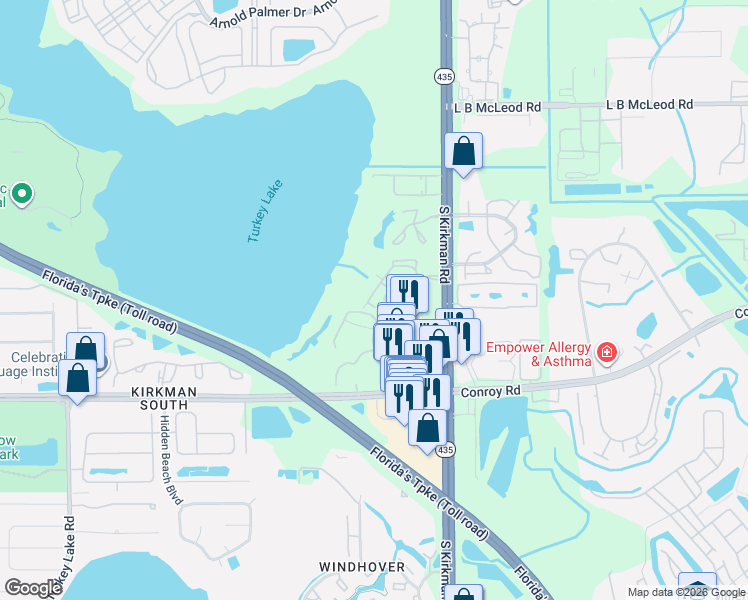 map of restaurants, bars, coffee shops, grocery stores, and more near 4356 South Kirkman Road in Orlando