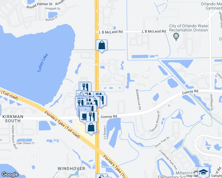 map of restaurants, bars, coffee shops, grocery stores, and more near 4423 South Kirkman Road in Orlando