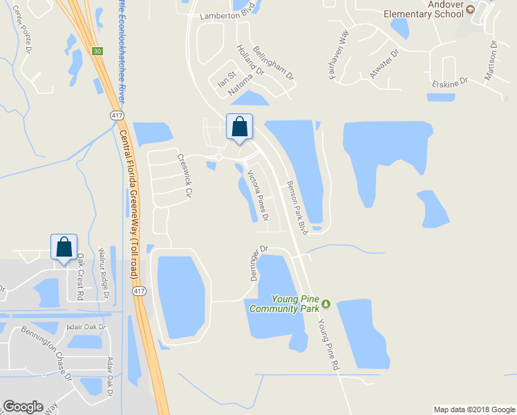 map of restaurants, bars, coffee shops, grocery stores, and more near 3538 Victoria Pines Drive in Orlando