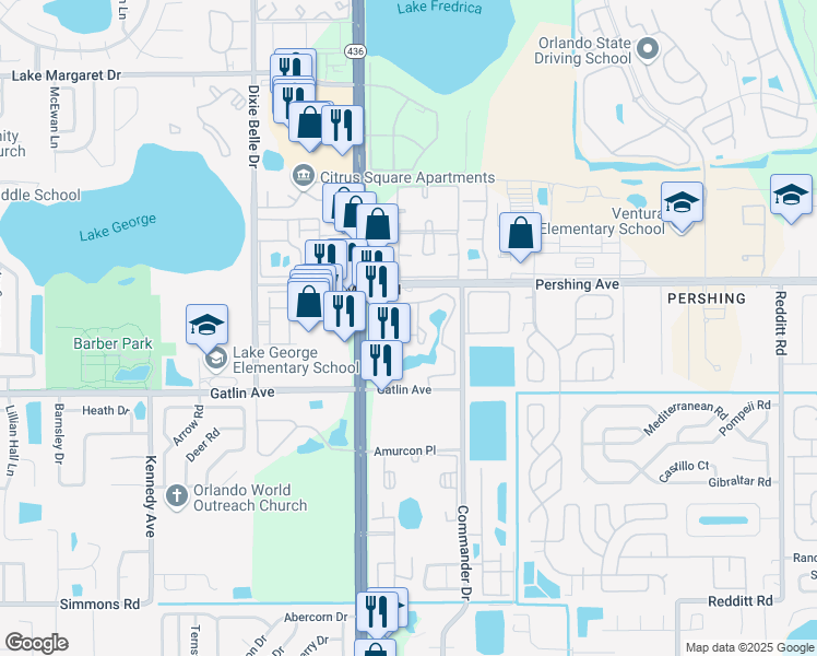 map of restaurants, bars, coffee shops, grocery stores, and more near 4601 South Semoran Boulevard in Orlando