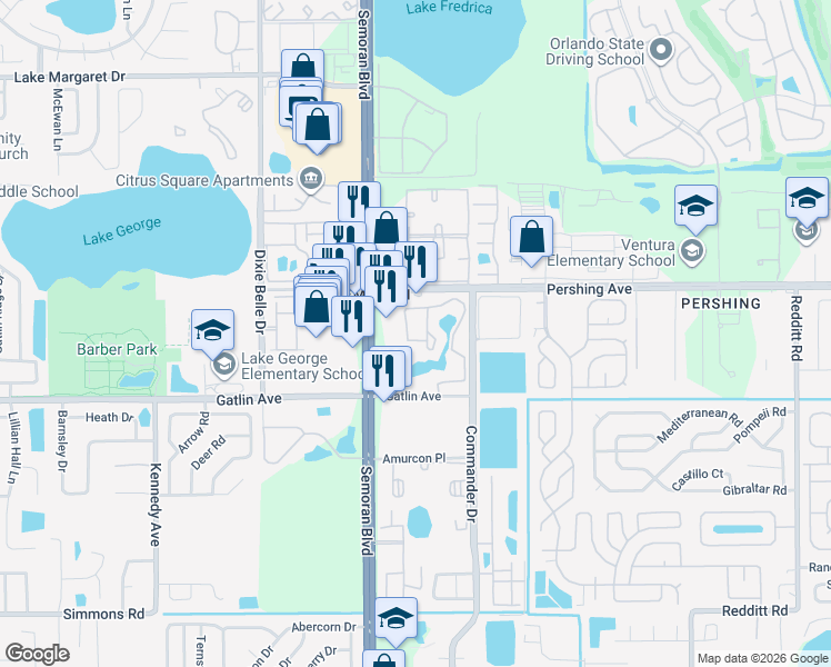 map of restaurants, bars, coffee shops, grocery stores, and more near 4601 South Semoran Boulevard in Orlando