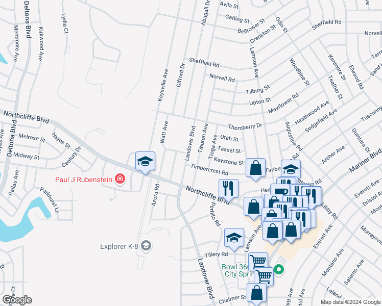 map of restaurants, bars, coffee shops, grocery stores, and more near 2475 Landover Boulevard in Spring Hill