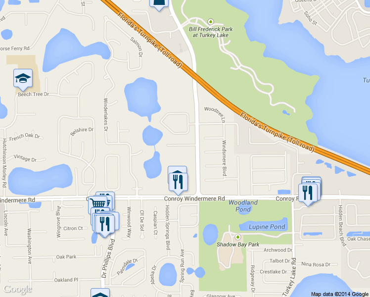 map of restaurants, bars, coffee shops, grocery stores, and more near 7616 San Remo Place in Orlando