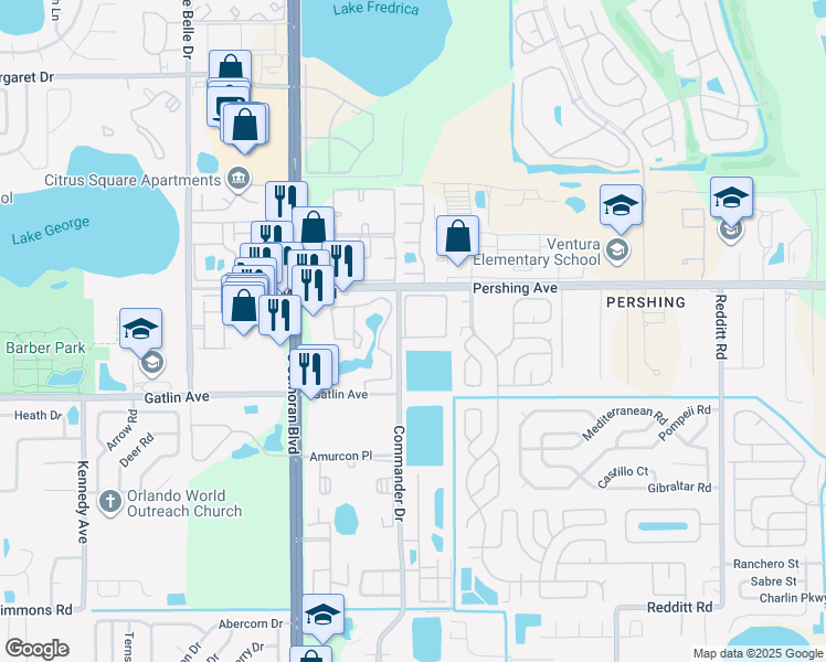 map of restaurants, bars, coffee shops, grocery stores, and more near 4618 Commander Drive in Orlando