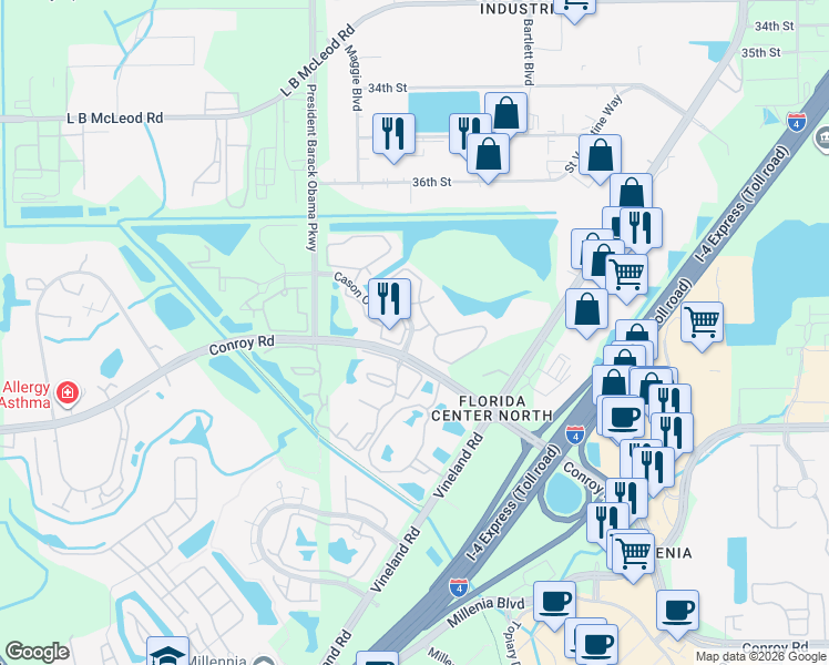map of restaurants, bars, coffee shops, grocery stores, and more near 4605 Cason Cove Drive in Orlando