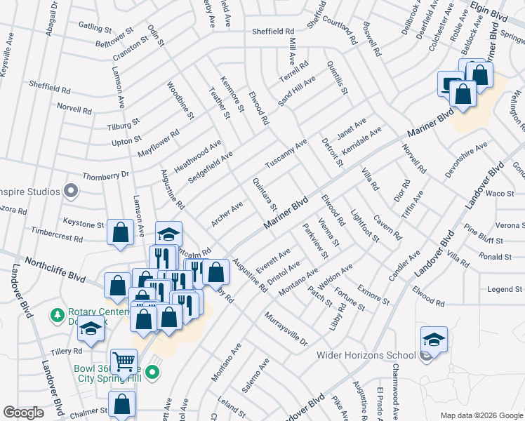 map of restaurants, bars, coffee shops, grocery stores, and more near 11342 Montcalm Road in Spring Hill