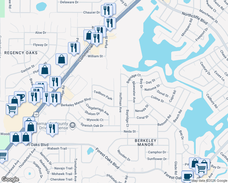map of restaurants, bars, coffee shops, grocery stores, and more near Las Palmas Avenue in Spring Hill