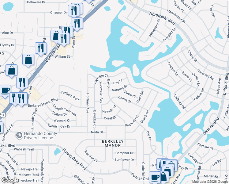 map of restaurants, bars, coffee shops, grocery stores, and more near 8421 Bay Drive in Spring Hill