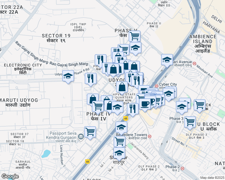 map of restaurants, bars, coffee shops, grocery stores, and more near in Gurugram