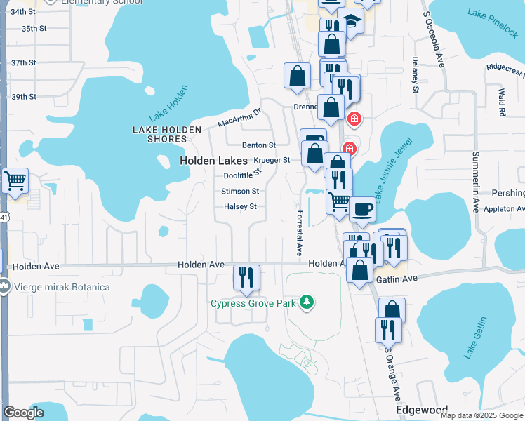 map of restaurants, bars, coffee shops, grocery stores, and more near 200 Halsey Street in Orlando