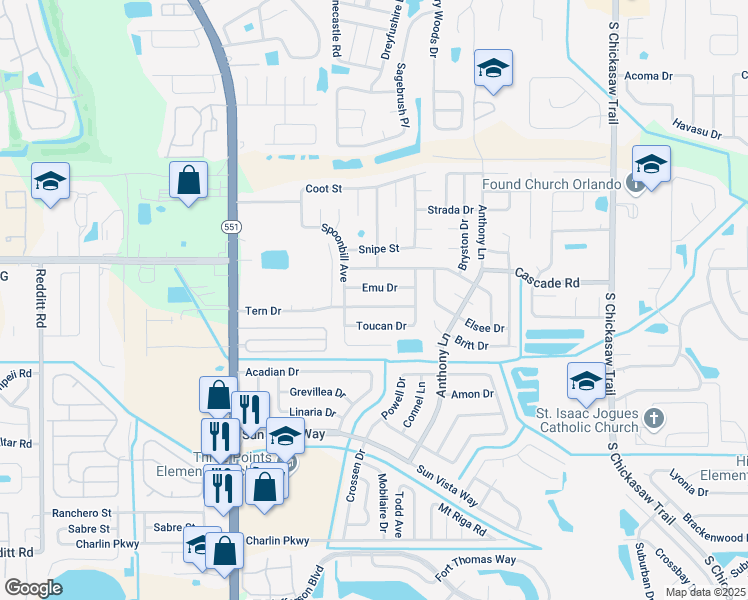 map of restaurants, bars, coffee shops, grocery stores, and more near 7804 Tern Drive in Orlando
