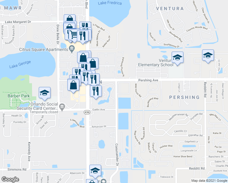 map of restaurants, bars, coffee shops, grocery stores, and more near 4618 Commander Drive in Orlando