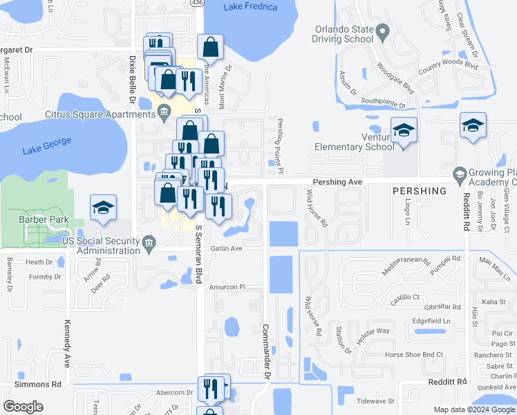 map of restaurants, bars, coffee shops, grocery stores, and more near 4618 Commander Drive in Orlando