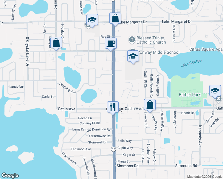 map of restaurants, bars, coffee shops, grocery stores, and more near 4316 Inwood Landing Drive in Orlando