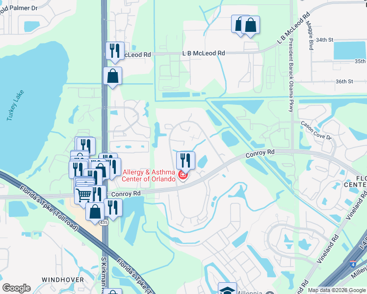 map of restaurants, bars, coffee shops, grocery stores, and more near 5333 Bamboo Court in Orlando